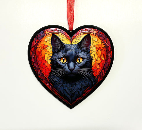 Black Cat Stained Glass Effect Heart Suncatcher